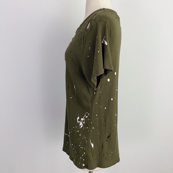 Chaser Olive Green Crew Neck Distressed Studded Paint Splatter T-Shirt Women’s M - Picture 5 of 9